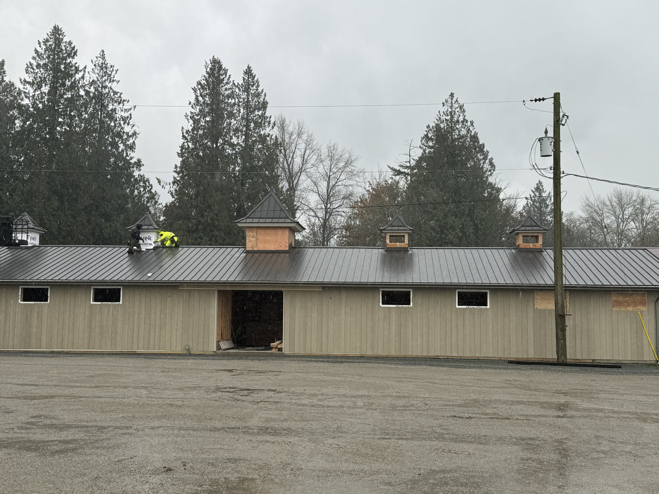 Coast Performance Horses riding arena under construction in Langley on a rainy day — roof cupolas being framed, crew on the standing-seam metal roof