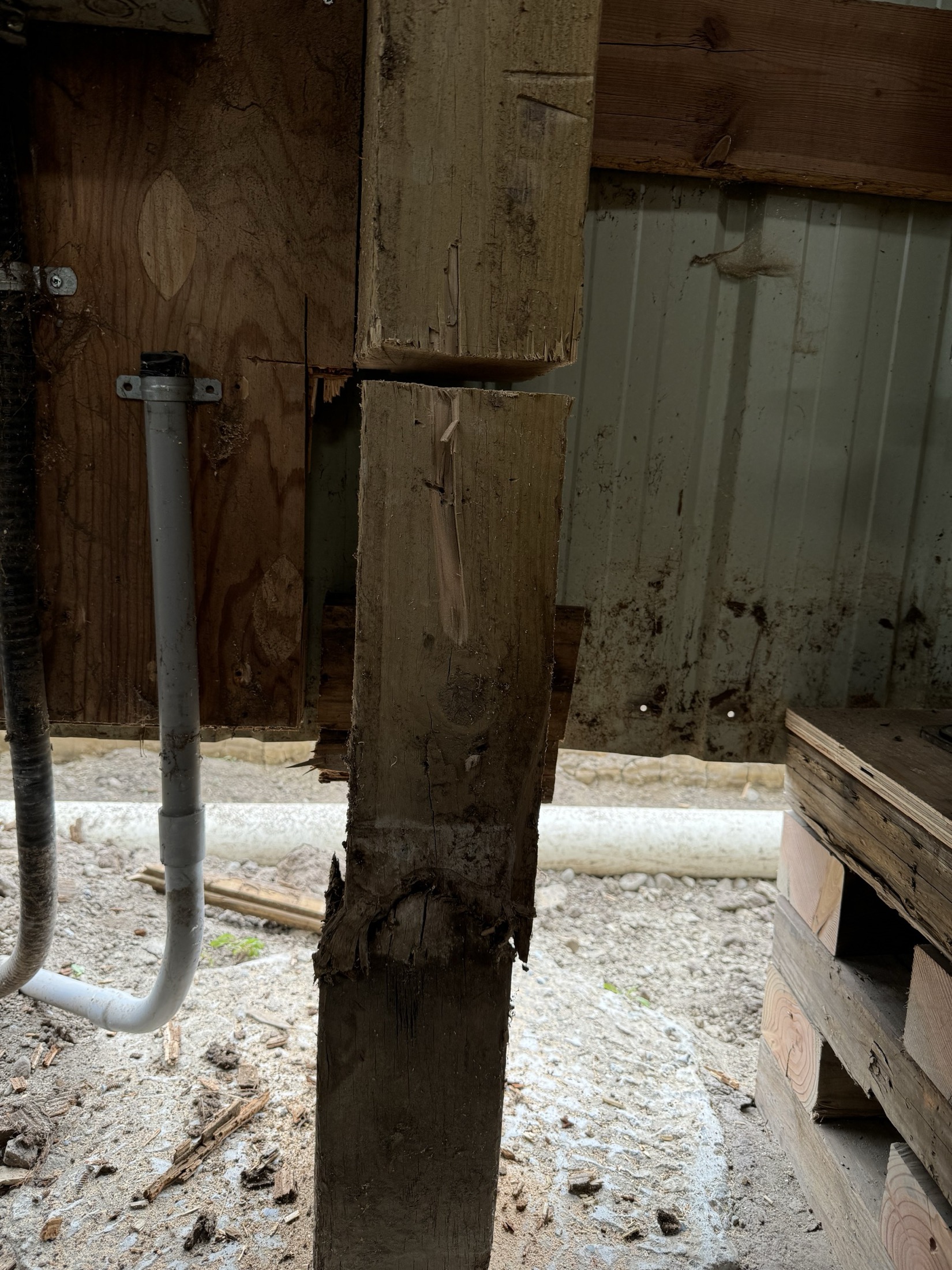 Rotten post at a wall edge at Coast Performance Horses, Langley