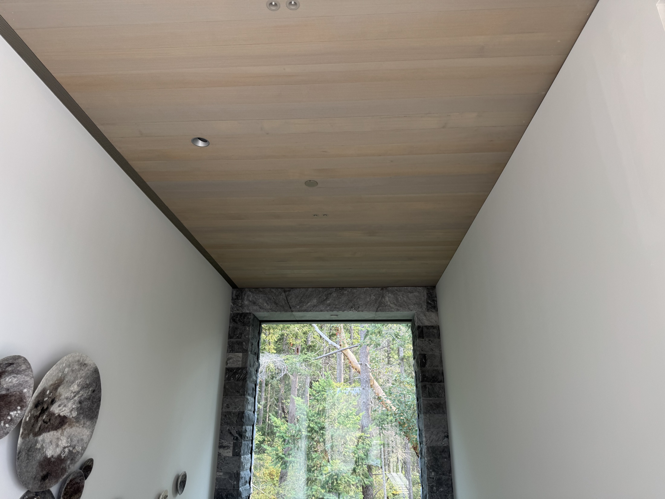 Hemlock soffit ceiling with recessed lighting at the Cove Beach custom home, Sechelt