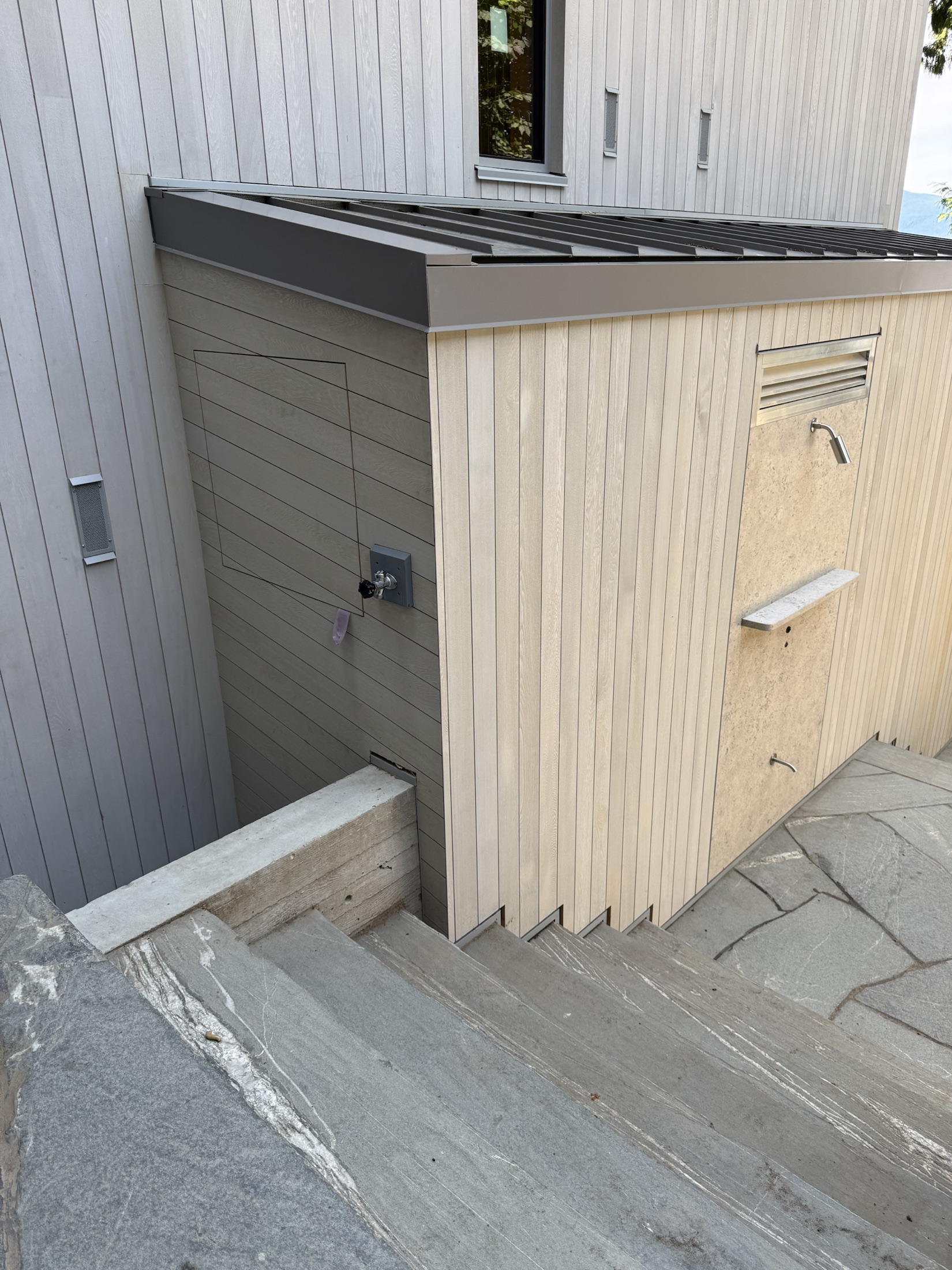 Cedar siding elevation at the Lawrence Way custom home, West Vancouver