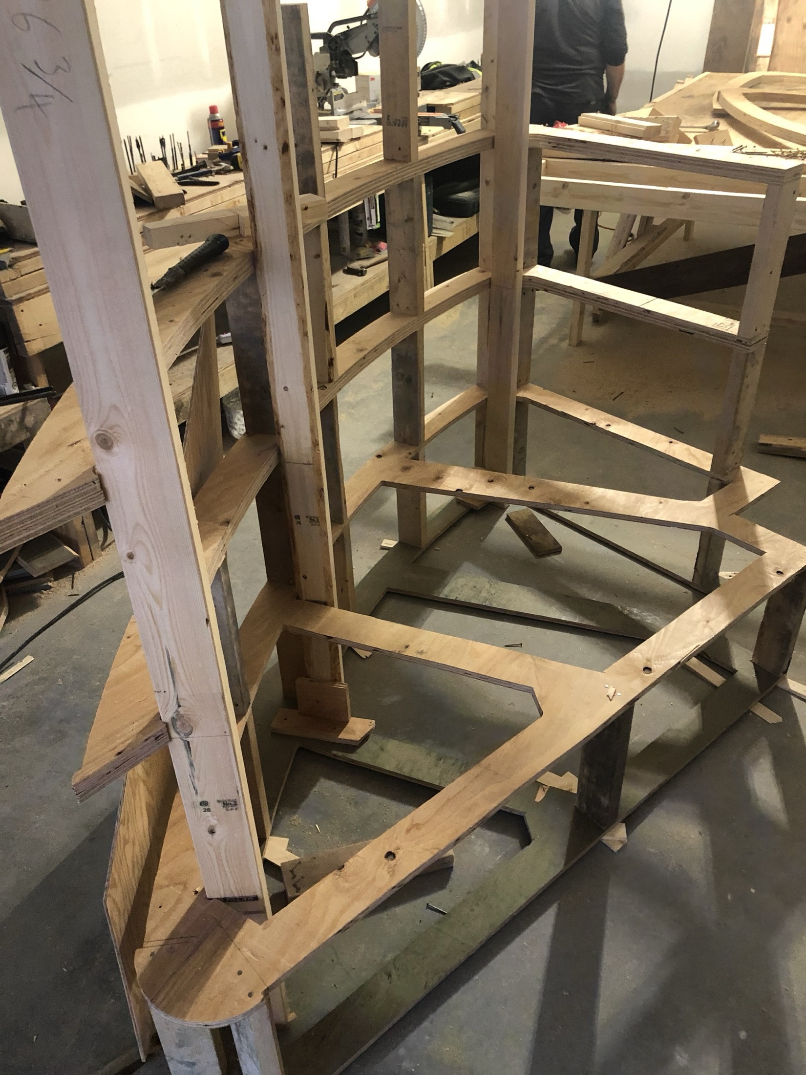Wide view of the curved stair formwork build in-shop for the Pemberton curved concrete staircase