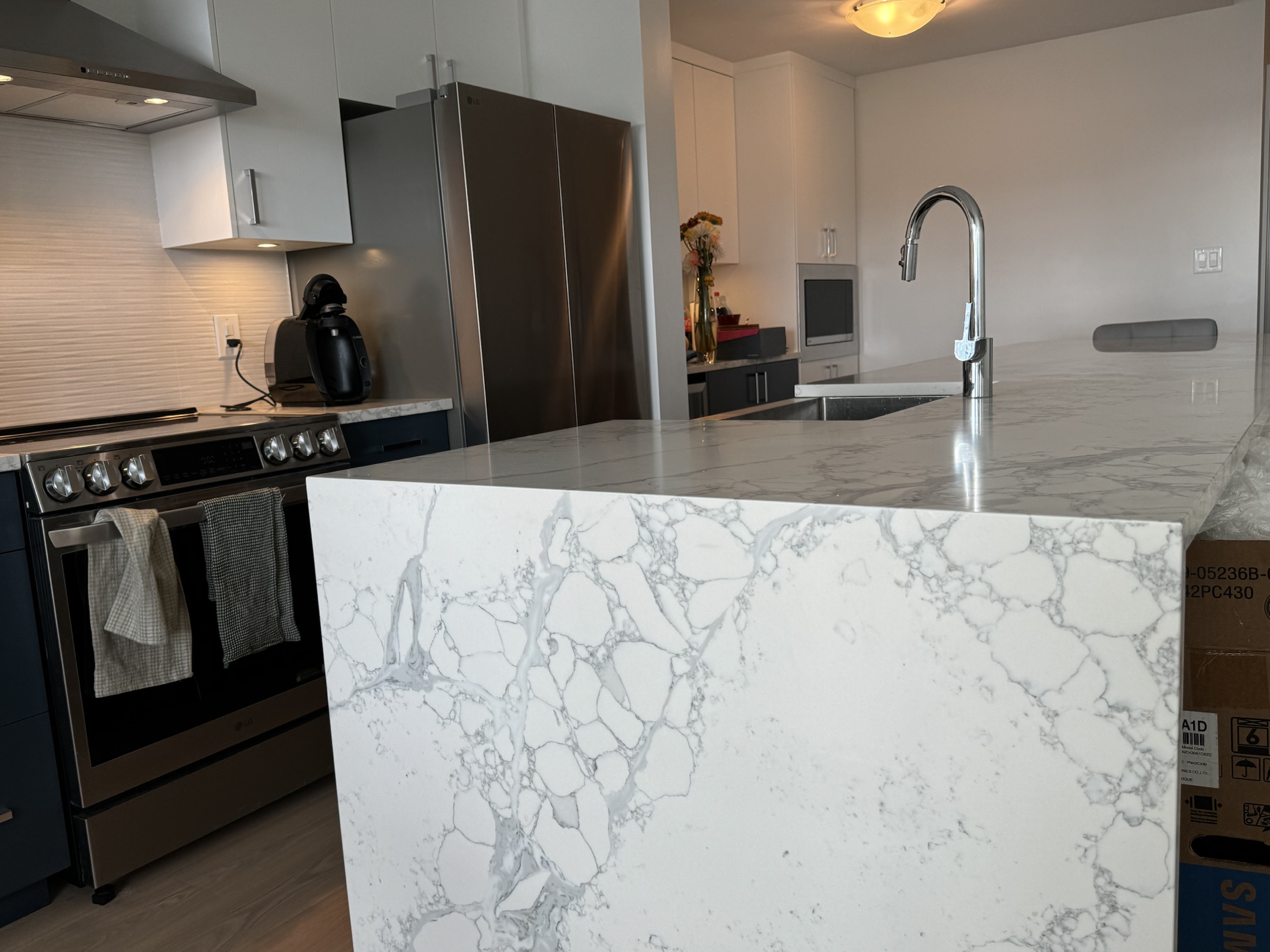 Renovated Wende kitchen in New Westminster showing the marble waterfall island and range